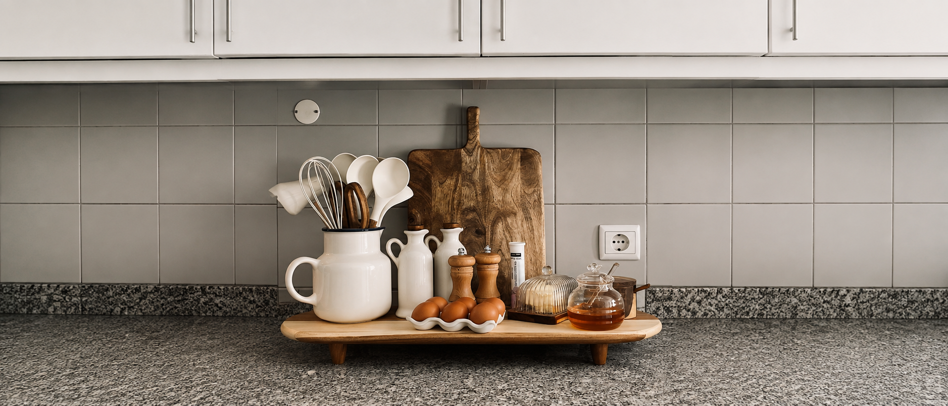 Organized everyday kitchen with practical storage and preparation essentials