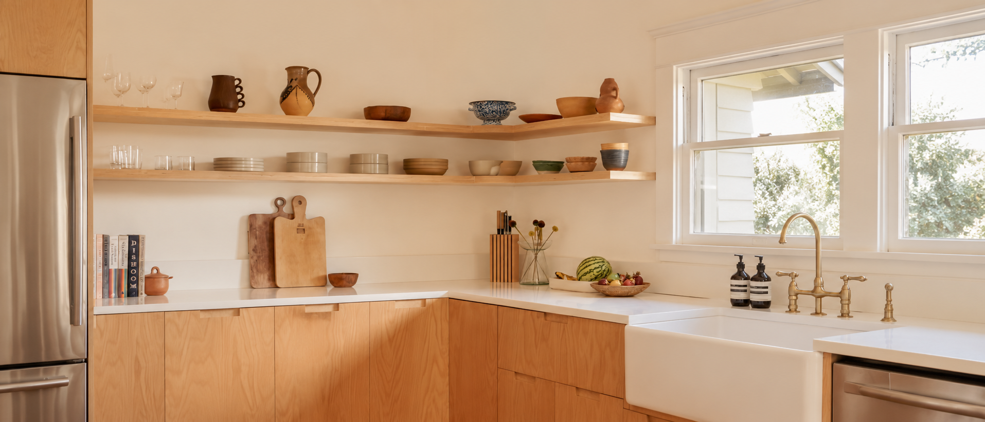 Practical kitchen tools and storage pieces arranged for everyday use