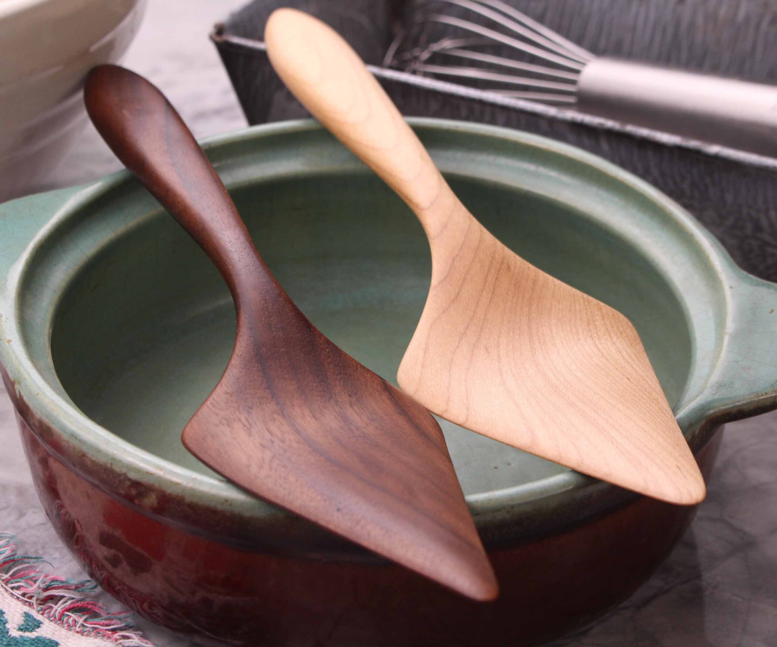 Handmade treenware pie servers wooden spatulas carved from Black Walnut and Sugar Maple